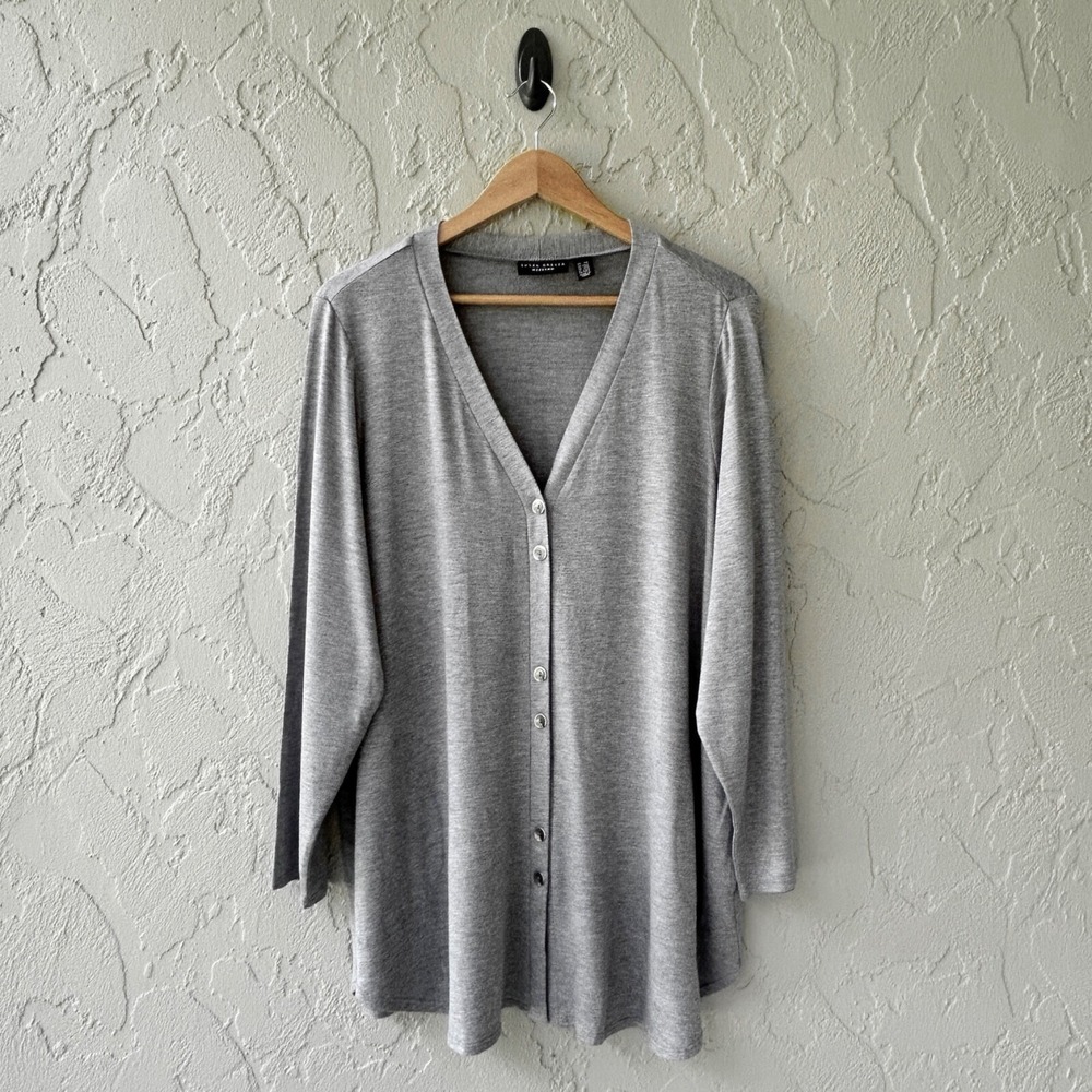 Susan Graver Weekend Women 1X Petite 1XP Gray Long Sleeve Jersey Cardigan NWOT